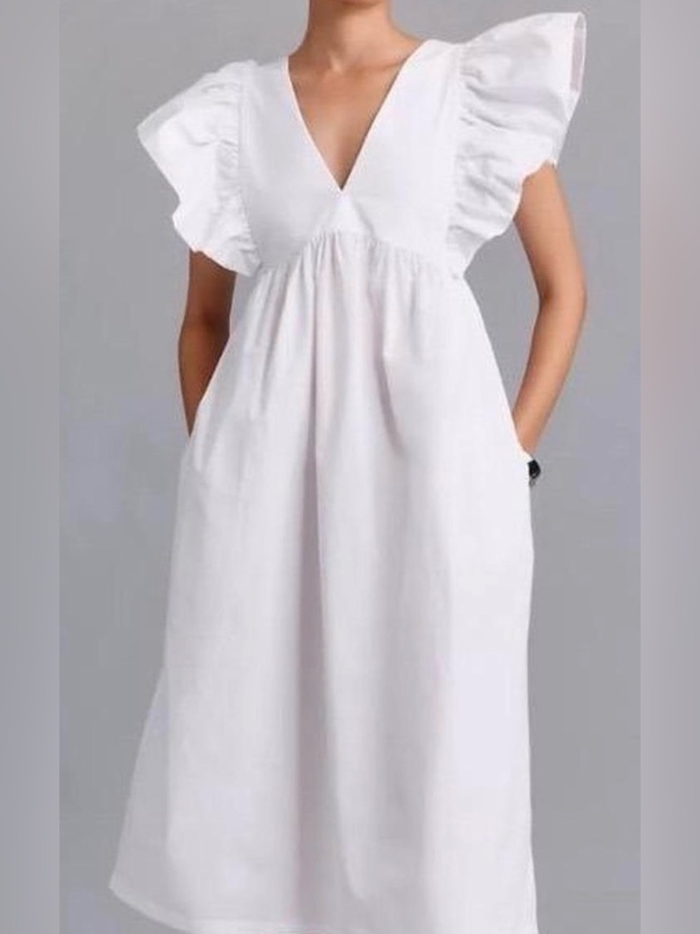 Maeve by Anthropologie White Cotton Ruffle Sleeve Empire Waist Dress | size: S